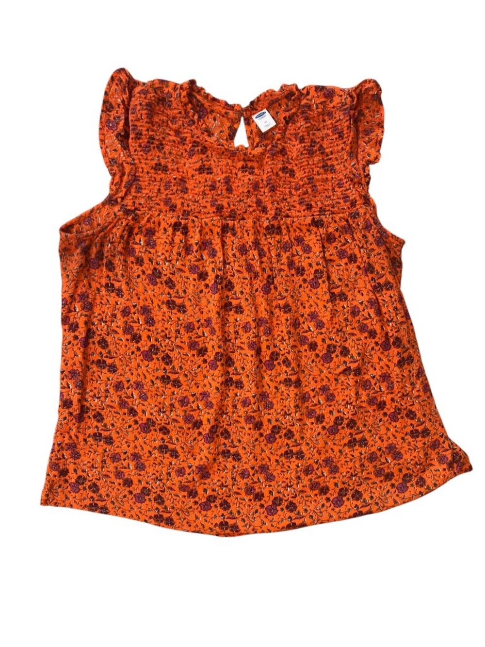 Women's OLD NAVY Floral Smocked Ruffled Sleeveless Rayon Blouse ORANGE Medium
